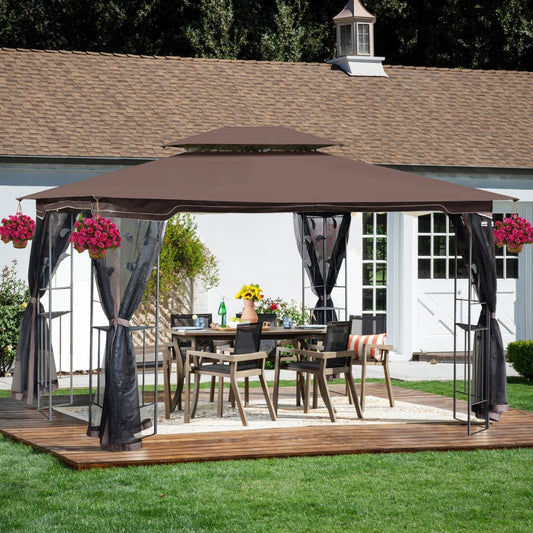 ya 28 13x10 Brown Outdoor Patio Gazebo Canopy - Brown Top, Ventilated Double Roof