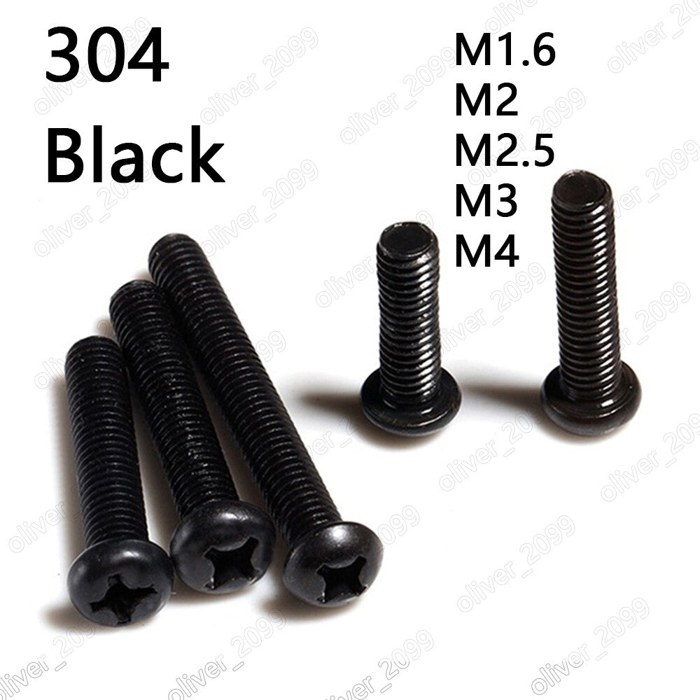 Black 304 Stainless Steel Phillips Cross Pan Head Screws Bolts M1.6 M2 M3 M4