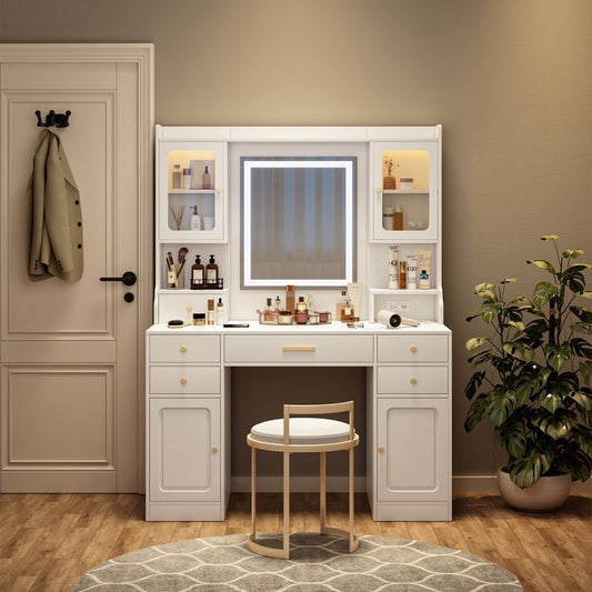 ya 28 Dresser Desk White Large Vanity Table Set - With Mirror, 6 Drawers & Shelves