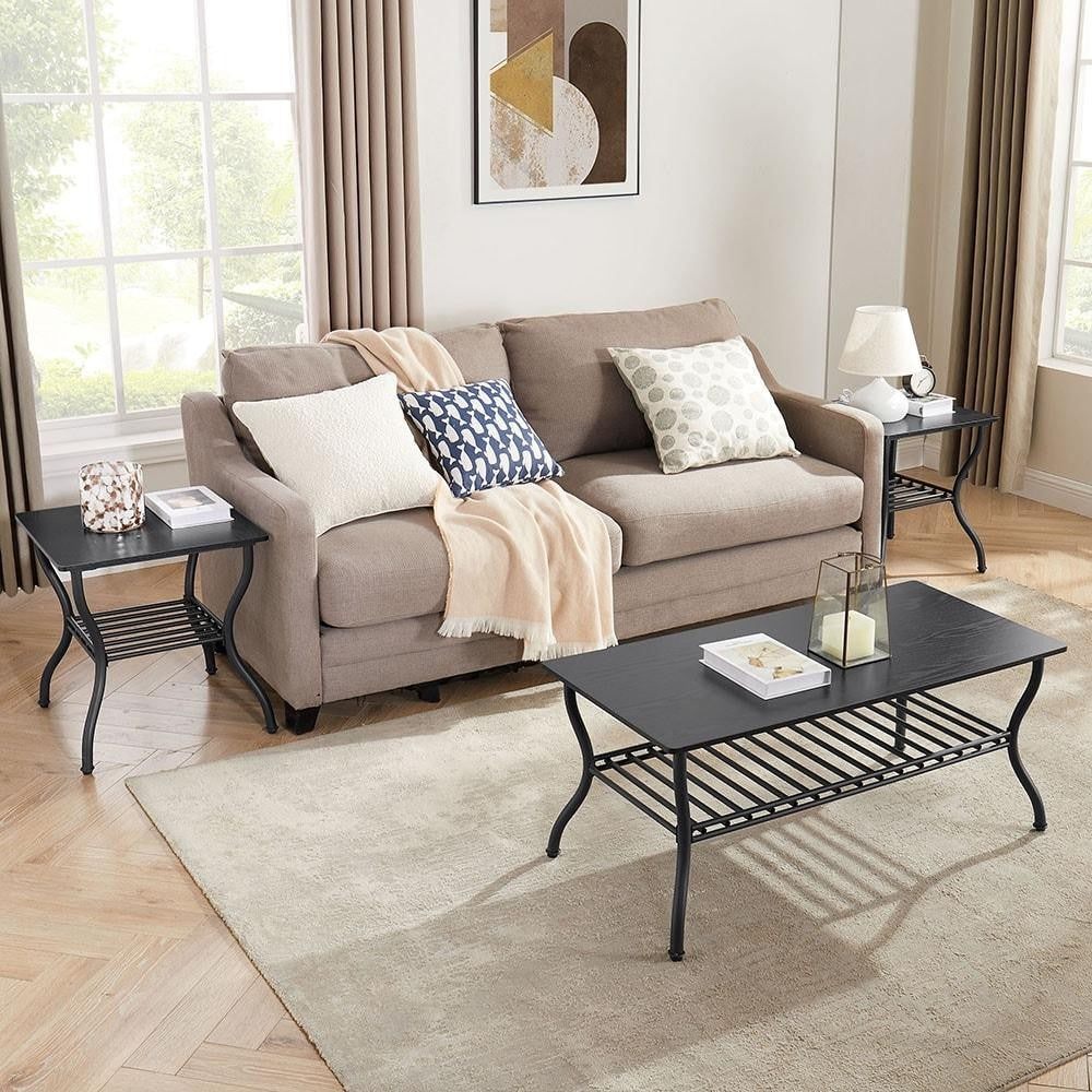 ya 16 Black Modern 3-Pc Coffee Table Set w/ 2 Side Tables | Retro Design | Sturdy Base