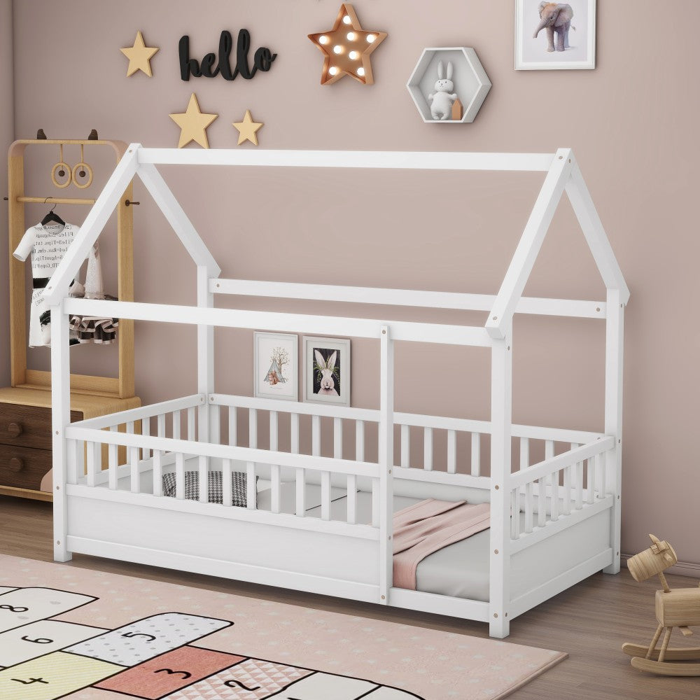 ya 28 Twin Size Floor Wooden Bed White W/House Roof Frame Fence Guardrails