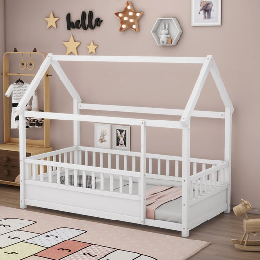 ya 28 Twin Size Floor Wooden Bed White W/House Roof Frame Fence Guardrails