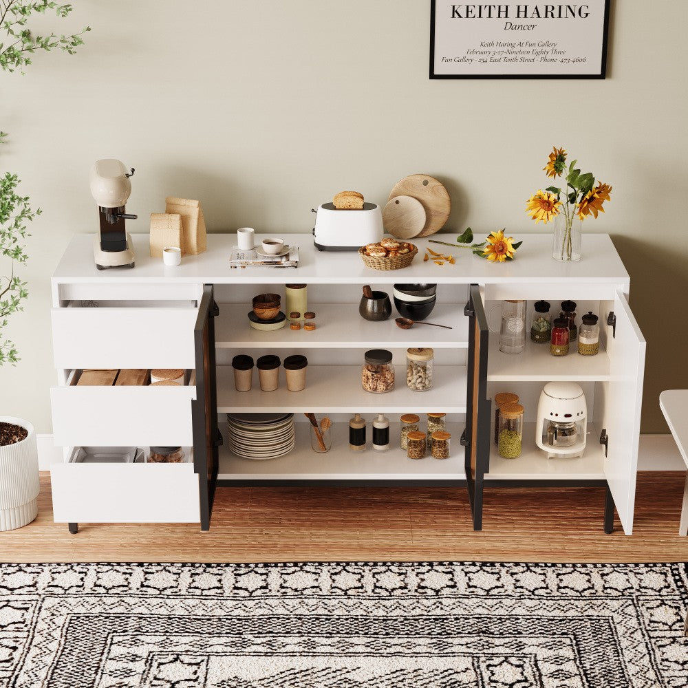 ya 28 White Buffet Cabinet - Storage, Doors + 3 Drawers, Pantry/Console for Kitchen