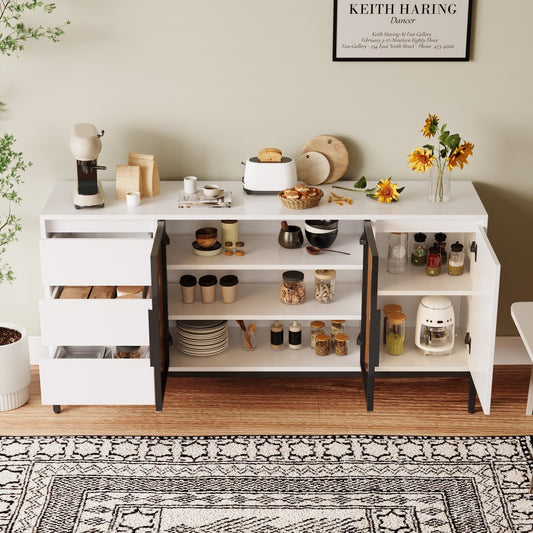 ya 28 White Buffet Cabinet - Storage, Doors + 3 Drawers, Pantry/Console for Kitchen