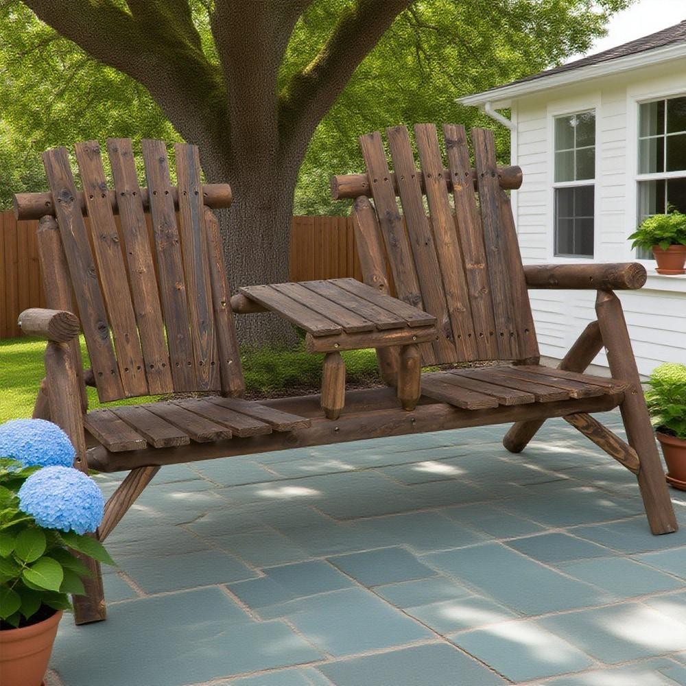 ya 28 Wood Adirondack Patio Chair Bench with Center Coffee Table,brown