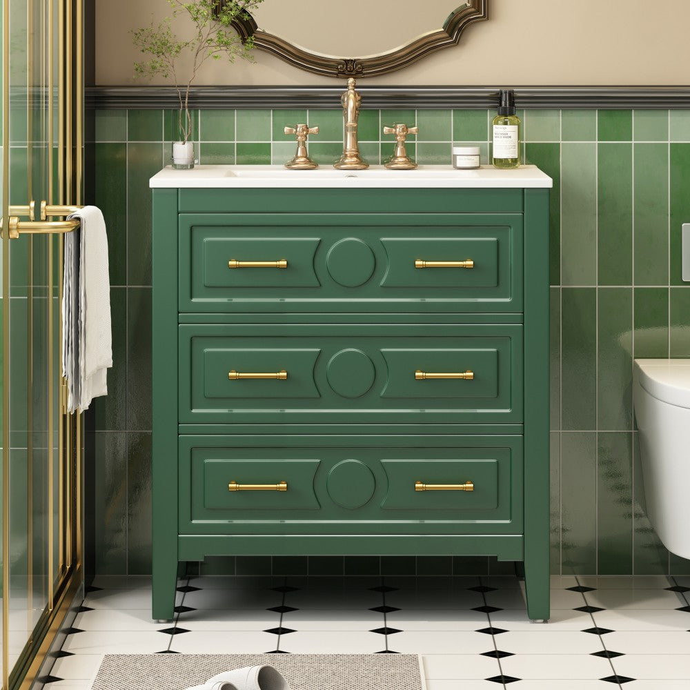 ya 28 30'' Bathroom Vanity w/Ceramic Sink - 3 Drawers,Solid Wood Storage Cabinet Green