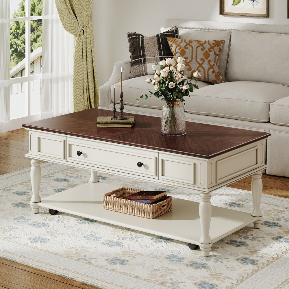 ya 28 White Coffee Table Farmhouse - 1 Drawer, Lockable Wheels, For Living Room