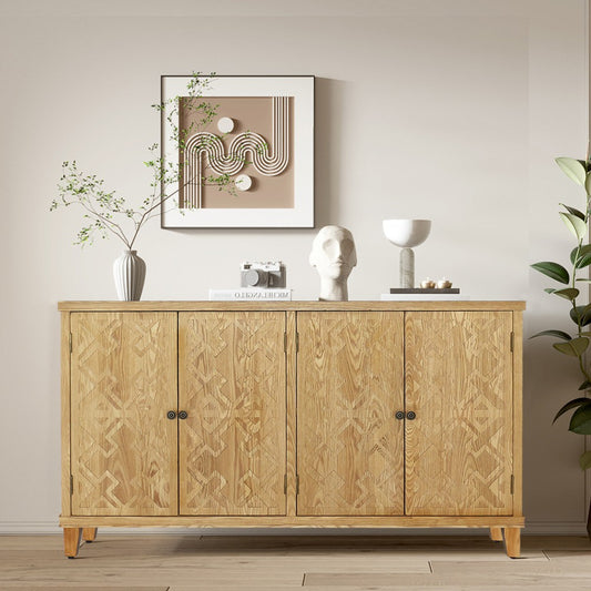 ya 28 Brown 59 Accent Cabinet - 4 Doors, Natural Wood for Entryway/Living Room