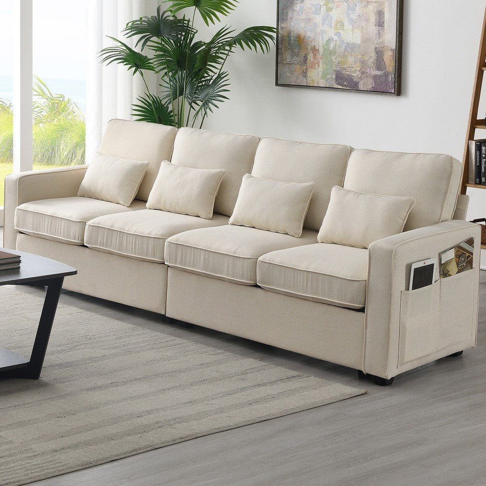 ya 28 104 4-Seater Beige Modern Linen Sofa - W/Armrest Pockets, 4 Pillows for Parlor