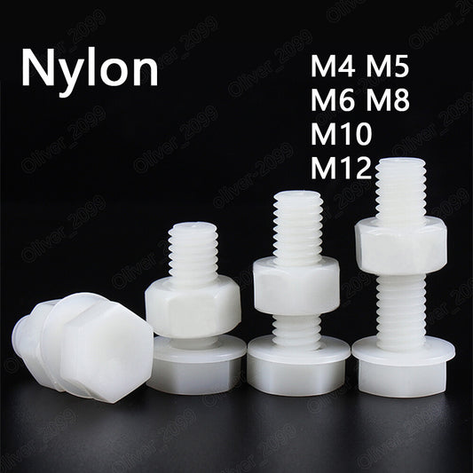 White Nylon Hexagon Head Screws With Hex Nuts Flat Washers M4 M5 M6 M8 M10 M12