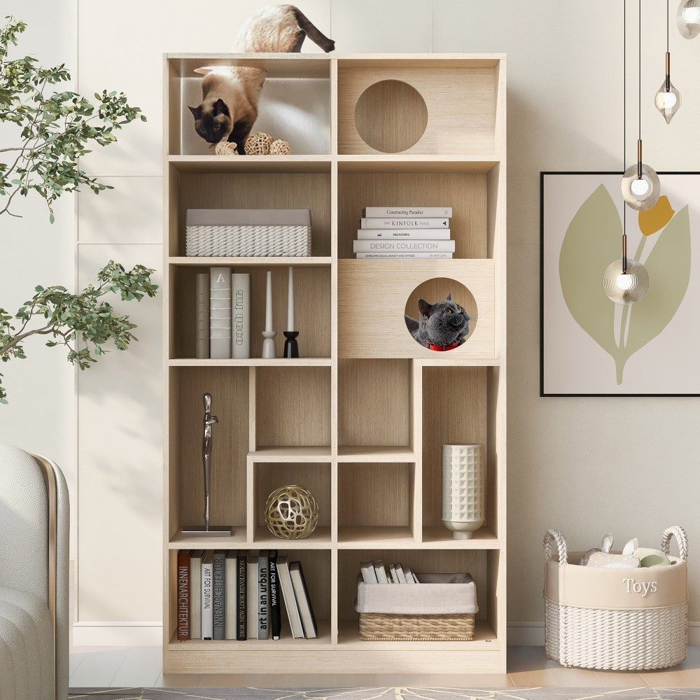 ya 28 Modern Natural 2-in-1 Wood Bookshelf Cat House ÿ Cat Tree Display Case Storage