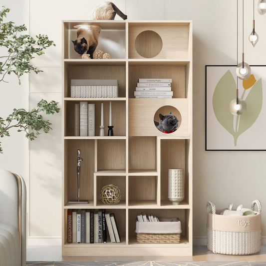 ya 28 Modern Natural 2-in-1 Wood Bookshelf Cat House ÿ Cat Tree Display Case Storage