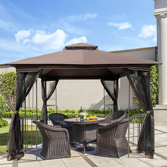 ya 28 10x10ft Gazebo Canopy Tent Ventilated Double Roof, Detachable Mesh ÿ Brown Top