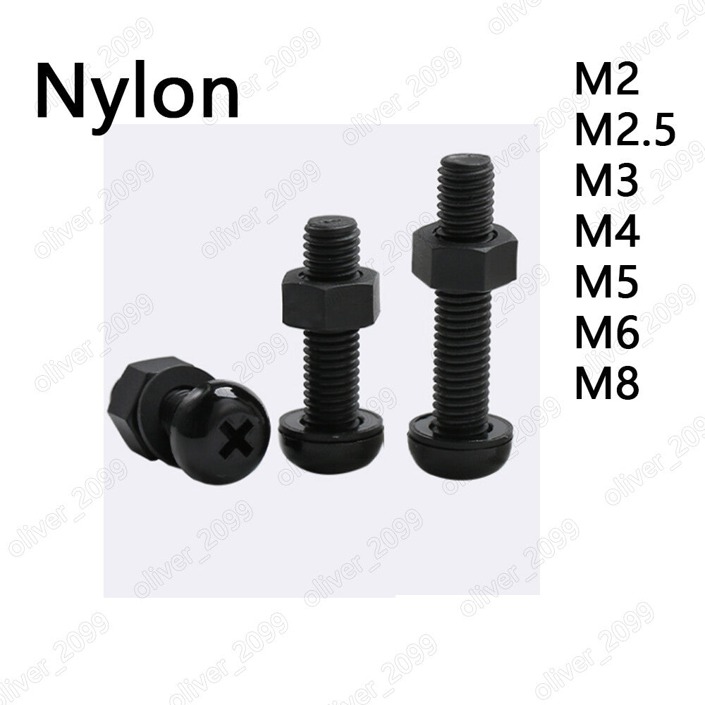 Black Nylon Phillips Pan Head Screws With Hex Nuts Flat Washer M2 M3 M4 M5 M6 M8