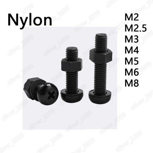 Black Nylon Phillips Pan Head Screws With Hex Nuts Flat Washer M2 M3 M4 M5 M6 M8
