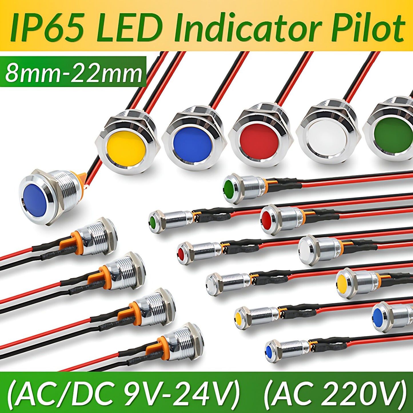 8mm-22mm Waterproof LED Indicator Warning Signal Light Thread Metal Panel Mount