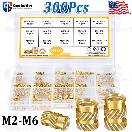 300Pcs M2-M5 Brass Knurled Nut Threaded Heat Set Inserts for Plastic 3D Printing