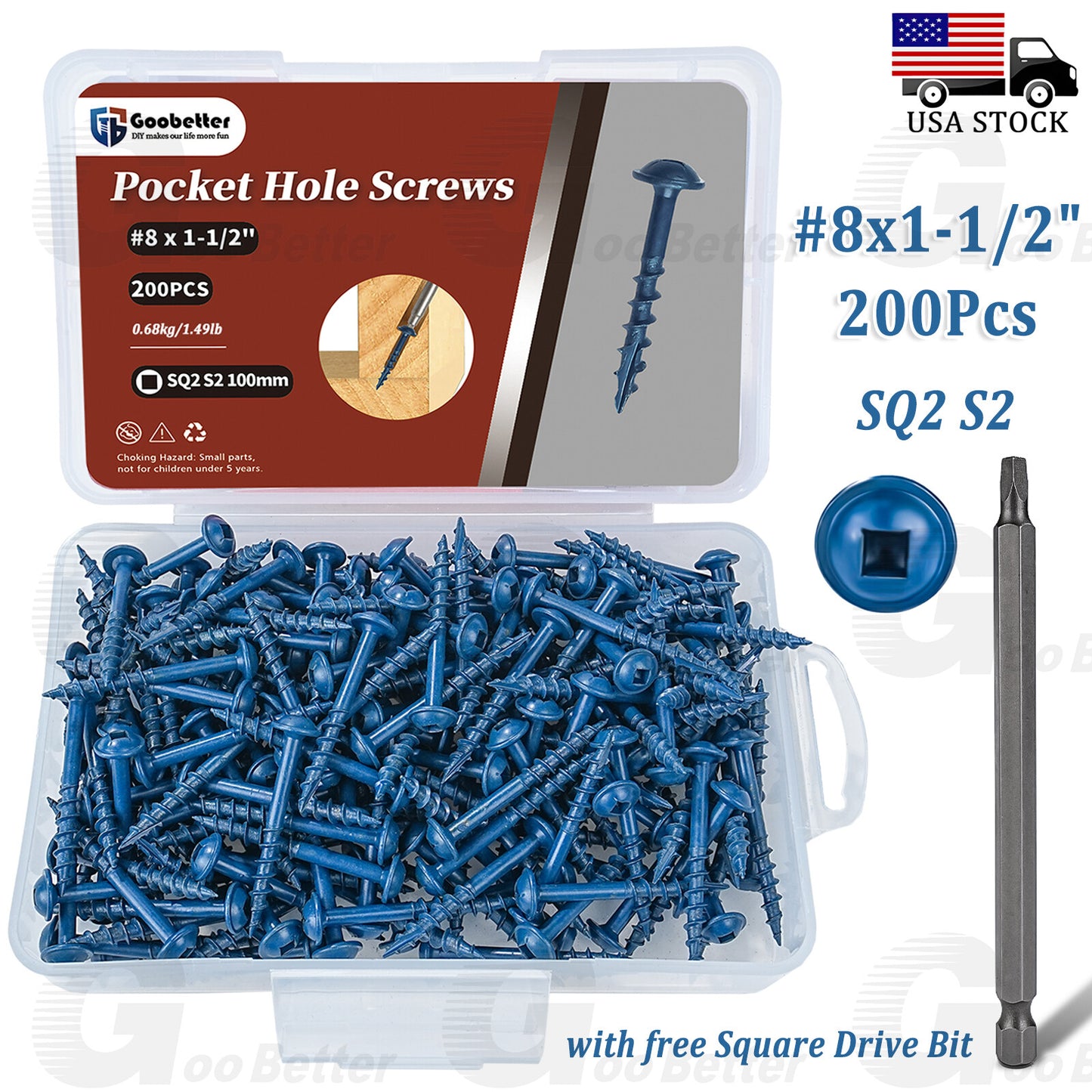 200PCS #8 Pocket Hole Screws Wood Screws Square Drive Head Self Tapping Screws
