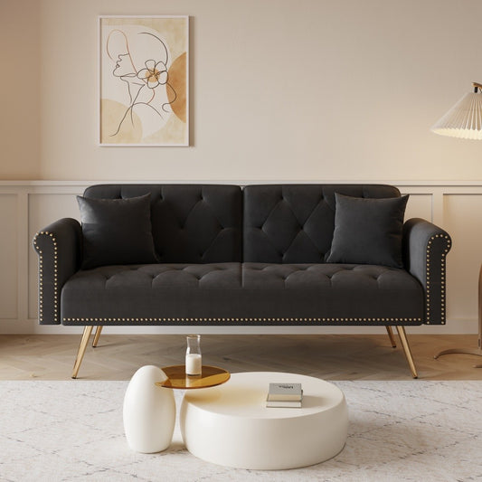 ya 28 Black 69.7 Velvet Sofa Bed - Nail Head Trim + Matching Throw Pillow