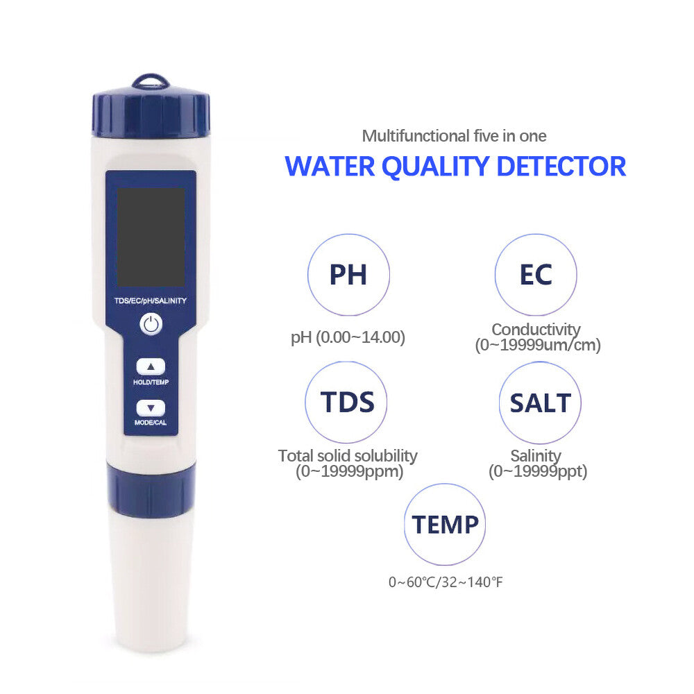 ya 26 Digital 5 in1 Water Quality Tester Pen TDS/EC/PH/Salinity/Temperature Meter
