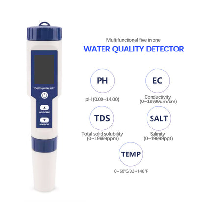 ya 26 Digital 5 in1 Water Quality Tester Pen TDS/EC/PH/Salinity/Temperature Meter