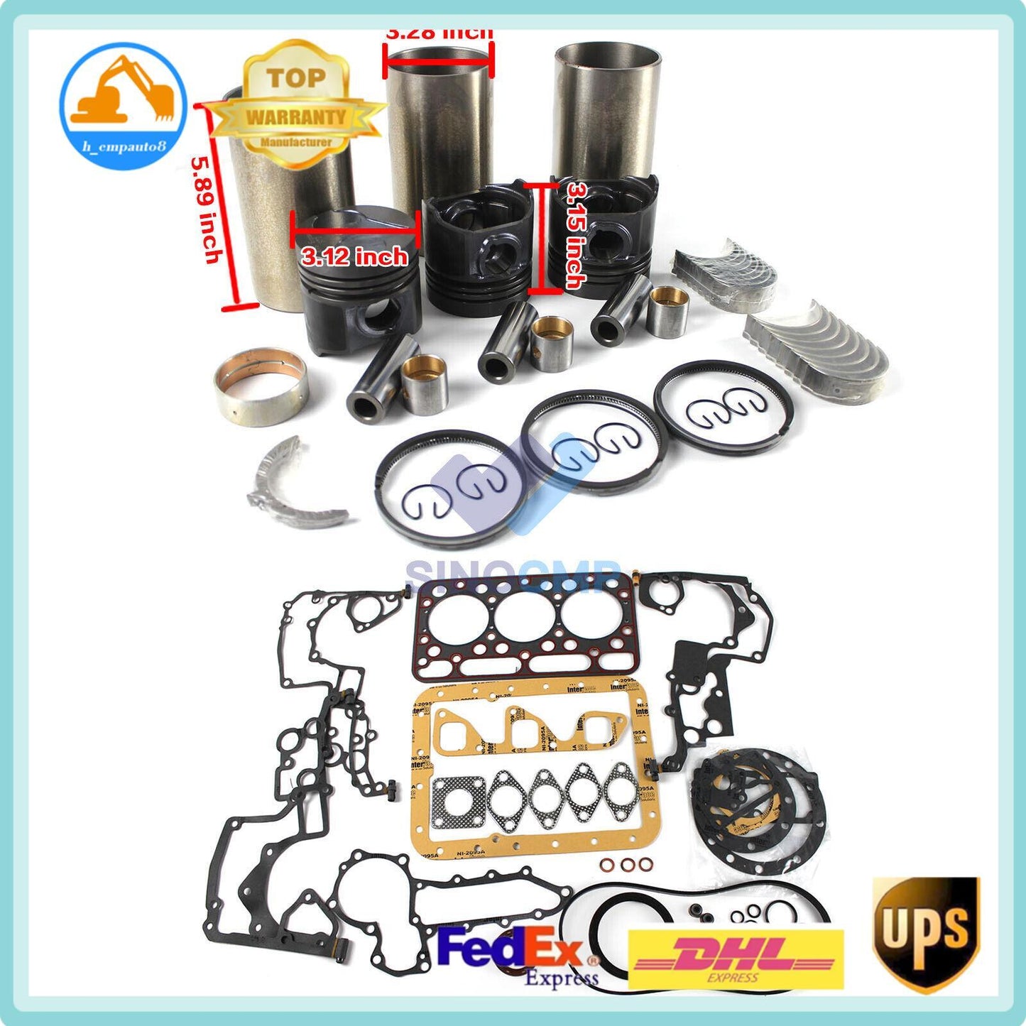 ya 27 7.2 Engine Rebuild Kit D1403 for Kubota L2500 L2600+L2800-DHV L2800F Tractor DC CN