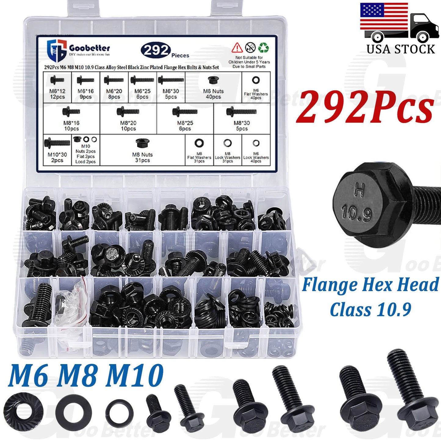 292PCS Metric Hex Flange Cap Screws Frame Bolts & Lock Nuts Black Assortment Kit