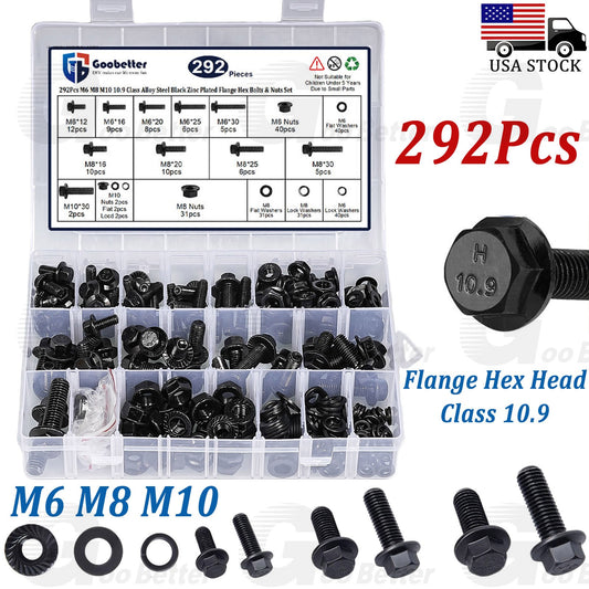 292PCS Metric Hex Flange Cap Screws Frame Bolts & Lock Nuts Black Assortment Kit