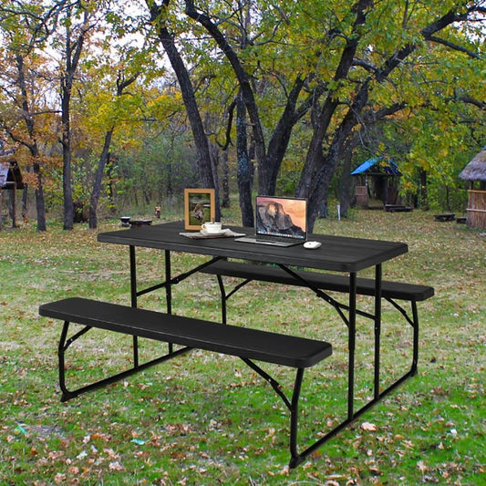 ya 16 Folding Picnic Table Bench Set with Wood-like Texture black party table