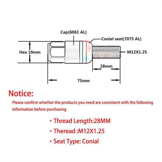 ya 8 5.27.2 M12x1.25 Wheel Lug Bolts 20pcs Cone for SEAT Studs 28mm Shank for Jeep for Chrysler Blk