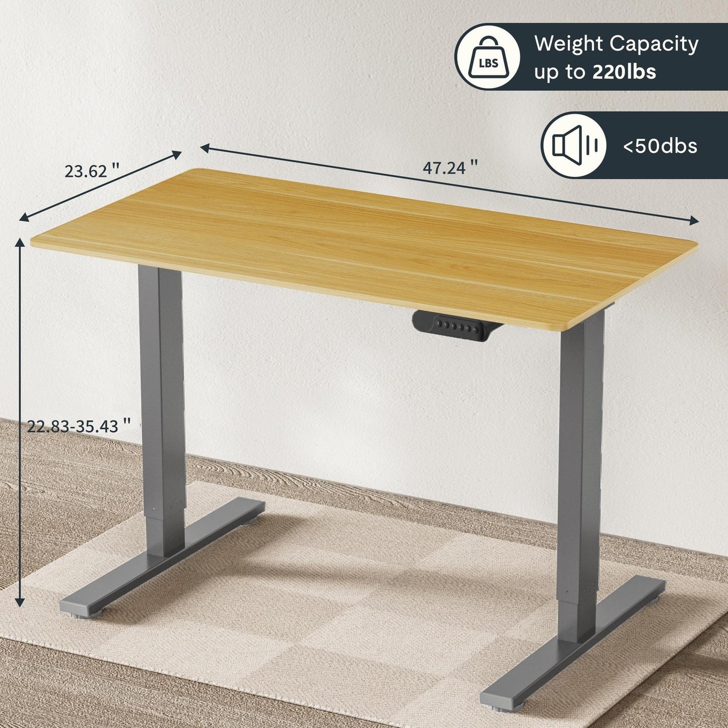 ya 28 Electric Desk 48x24 | Adjustable Height Sit Stand Workstation | Maple Top Grey