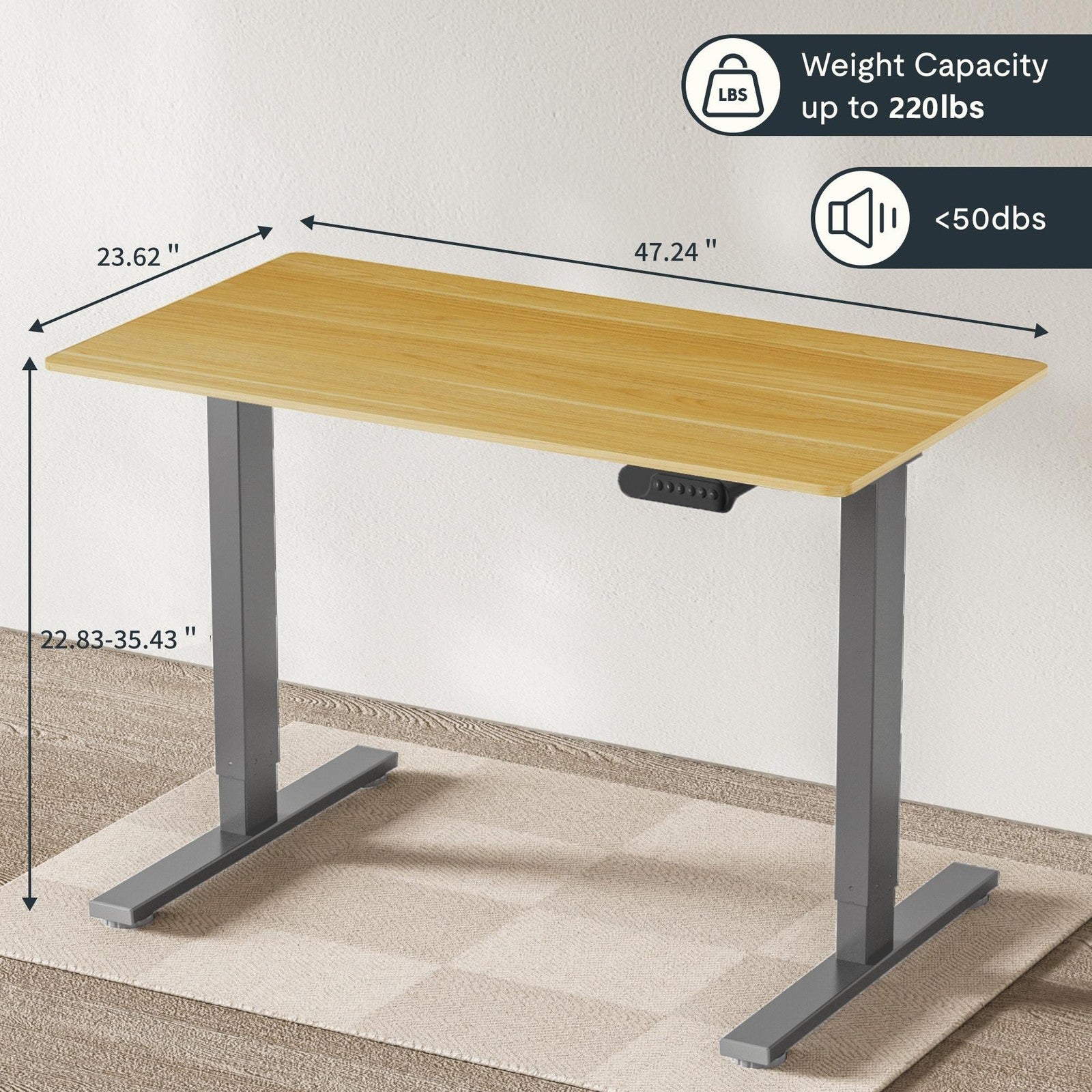 ya 28 Electric Desk 48x24 | Adjustable Height Sit Stand Workstation | Maple Top Grey
