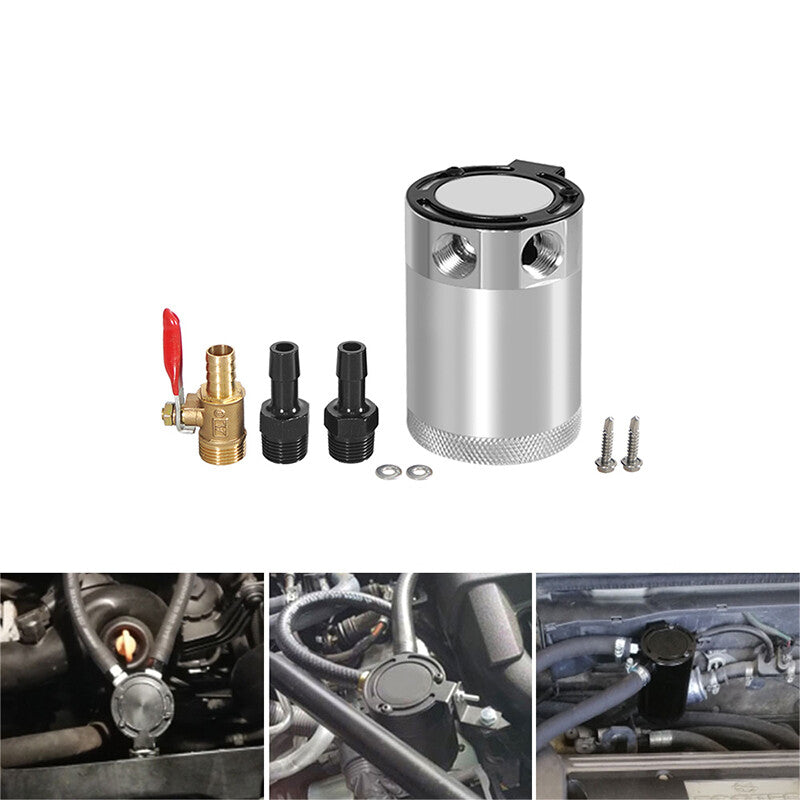 ya 10 5.28.2 Oil Catch Can Baffled 2Port Oil Catch Tank Reservoir Drain Valve Universal Silve