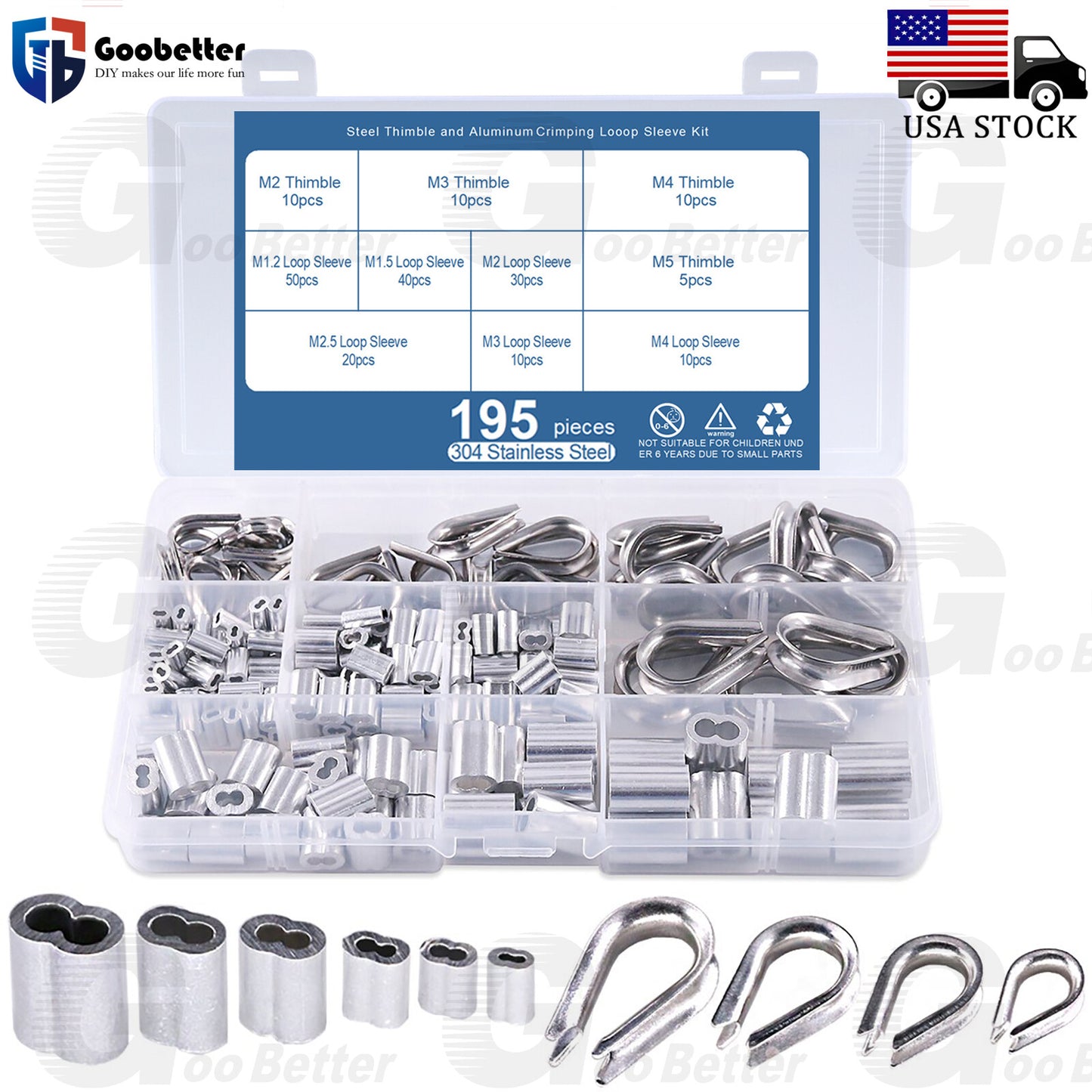 195Pcs 304 Stainless Steel Wire Rope Cable Thimbles and Aluminum Crimping Loop