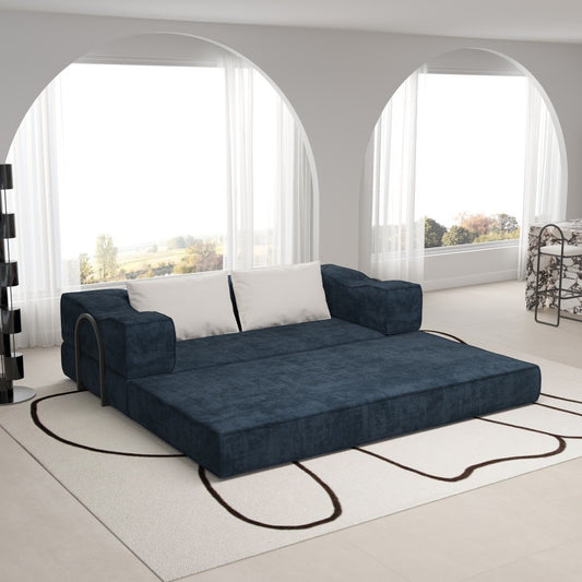 ya 28 Blue 80 3-Seat Chenille Convertible Couch Bed - w/2 Pillows, DIY Combination