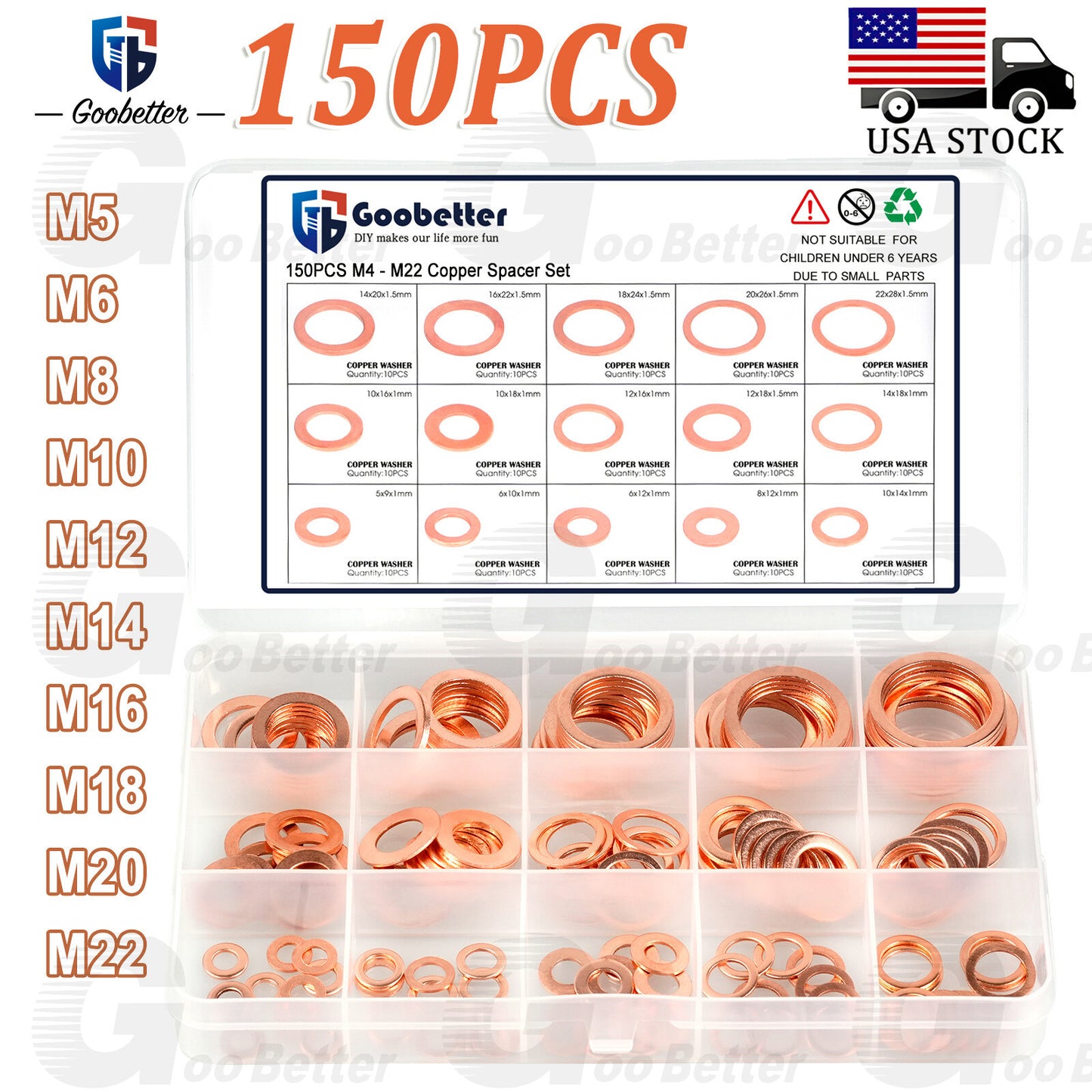 150 PCS Copper Crush Washer Gasket Set Flat O Ring Seal Assortment Kit M5 to M22