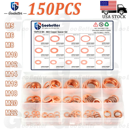 150 PCS Copper Crush Washer Gasket Set Flat O Ring Seal Assortment Kit M5 to M22