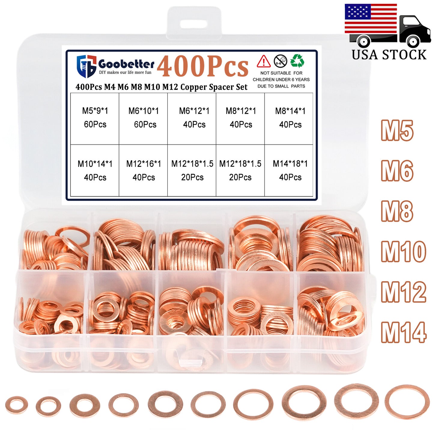 Copper Crush Washer Gasket Set 400PCS Flat O-Ring Seal Assortment M5 - M14 Kits