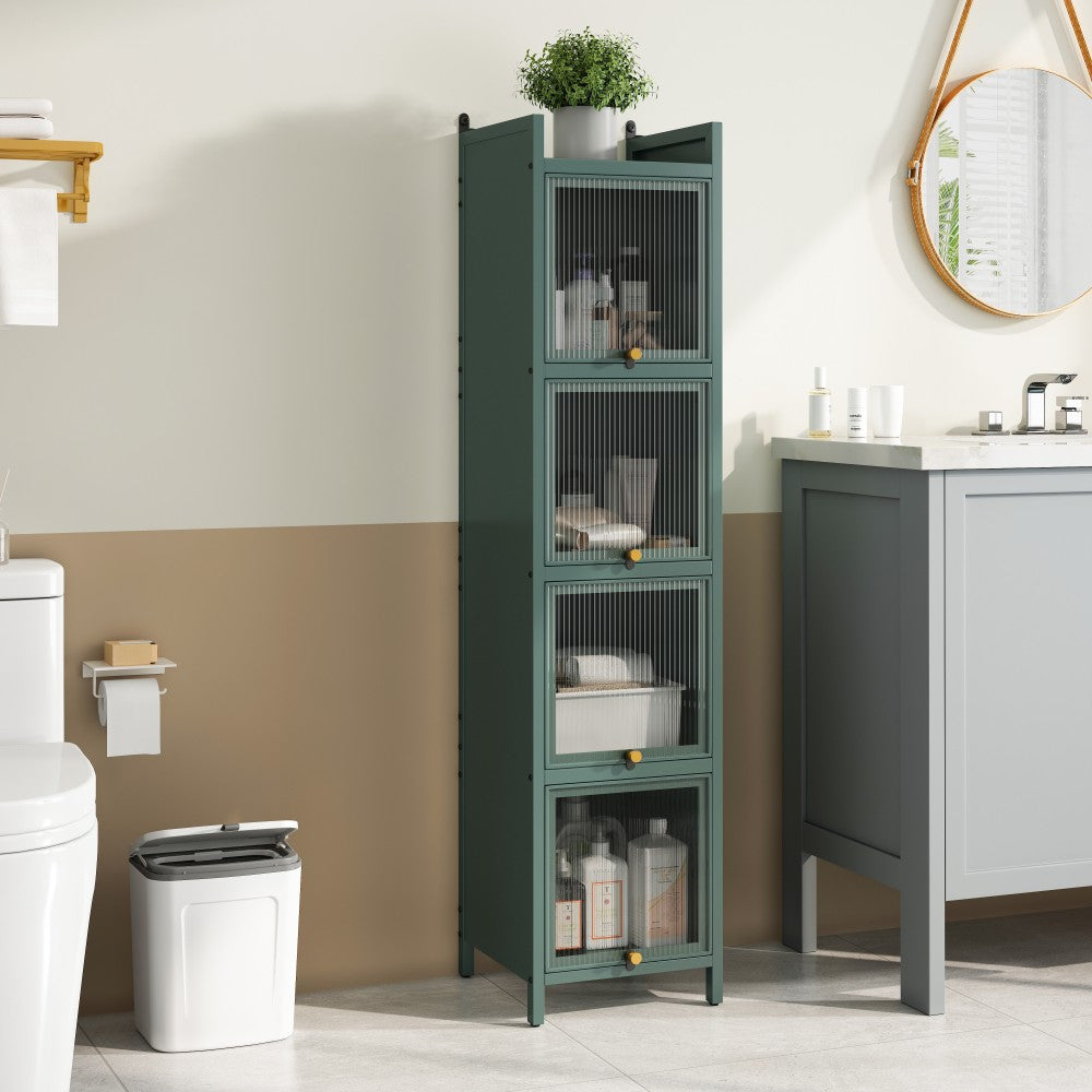 ya 28 Modern Dark Green Four-tier Glass Door Cabinet,w/Five-tier Storage for Entryway