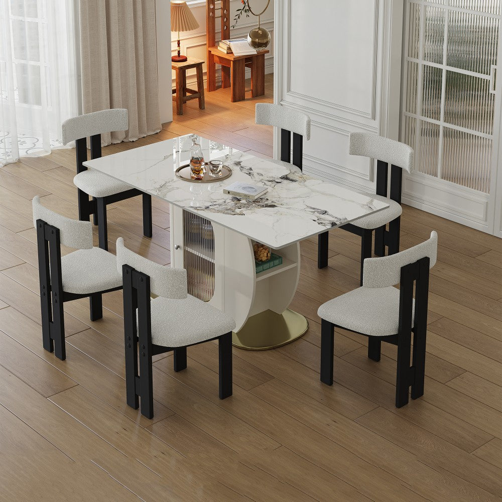 ya 28 For Kitchen 63 7pc Modern Dining Set W/Storage - 1 Table ,6 White Velvet Chairs