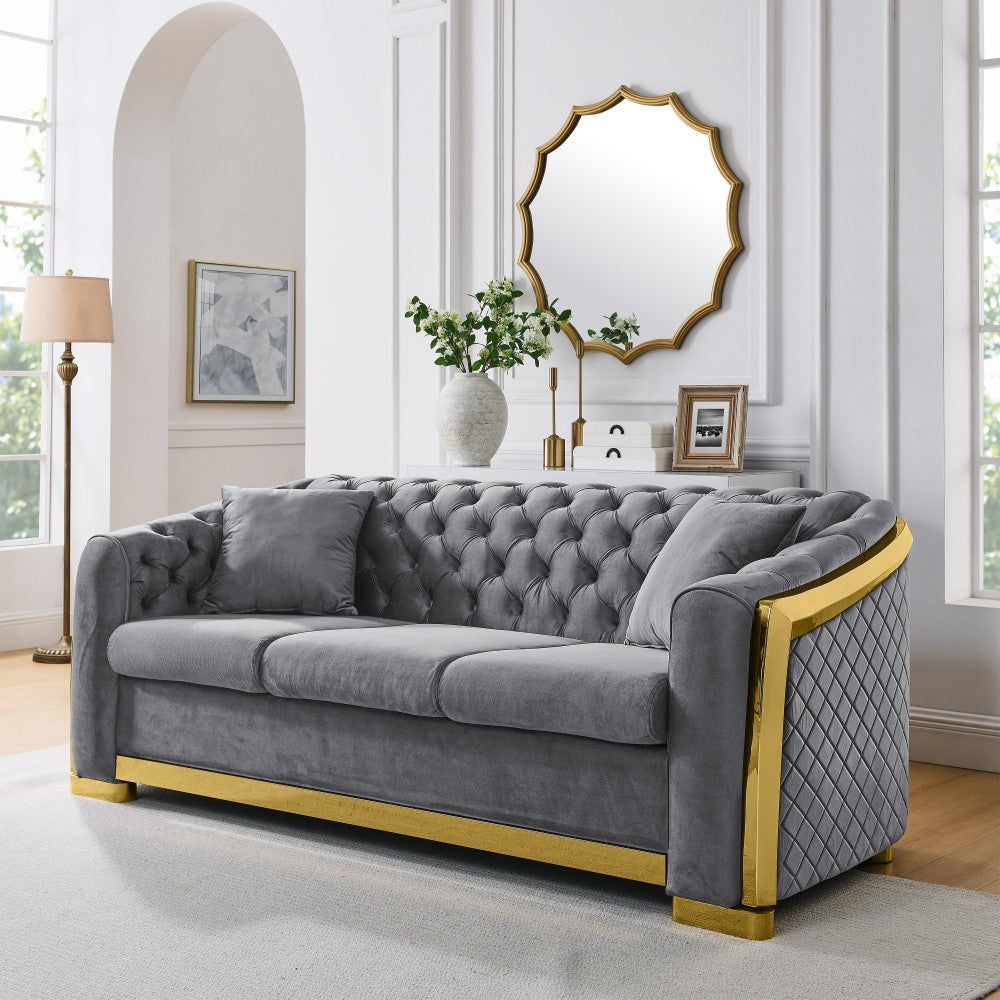 ya 28 Velvet Grey Chesterfield Sofa,84 3-Seat Tufted Couch Gold Stainless for Parlor