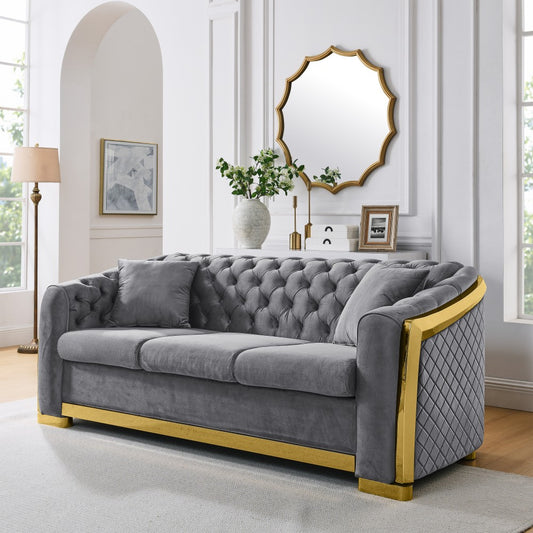 ya 28 Velvet Grey Chesterfield Sofa,84 3-Seat Tufted Couch Gold Stainless for Parlor