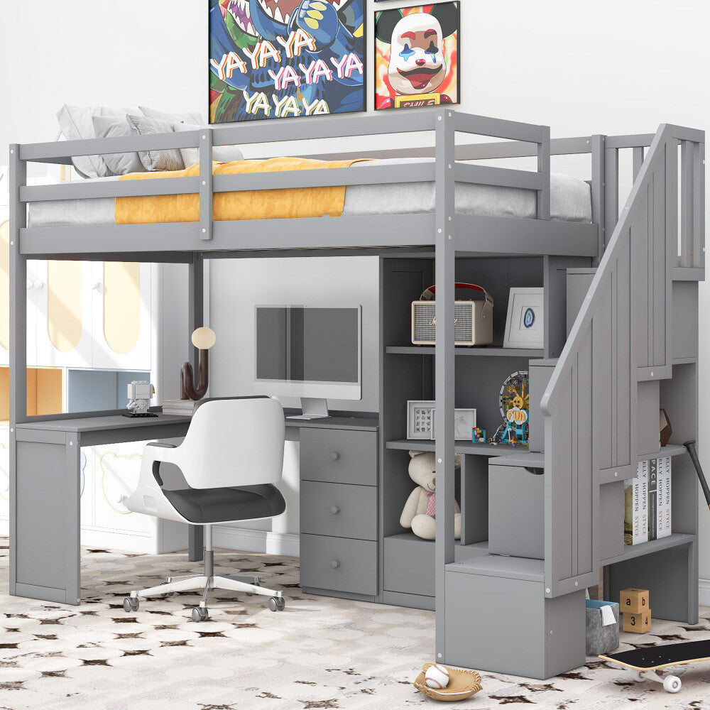 ya 28 Twin Size Gray Loft Bed w/L-Shaped Desk,Drawers, Cabinet and Storage Staircase