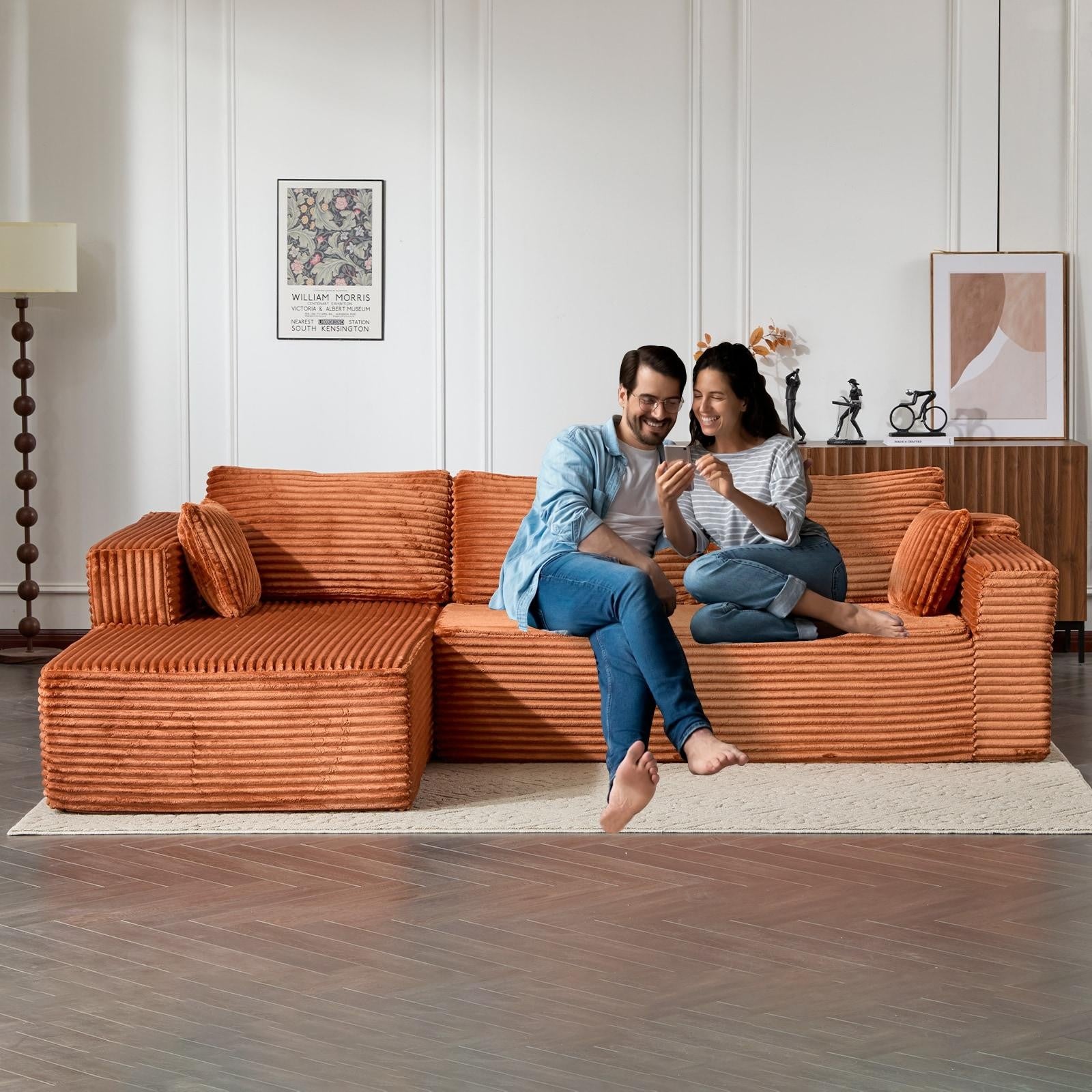 ya 28 L-Shaped Sectional Sofa Brown Boneless Design Corduroy Brown Sleeper Couch