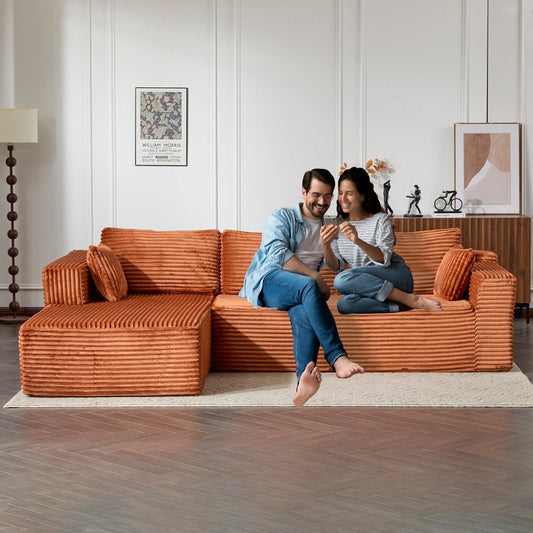 ya 28 L-Shaped Sectional Sofa Brown Boneless Design Corduroy Brown Sleeper Couch