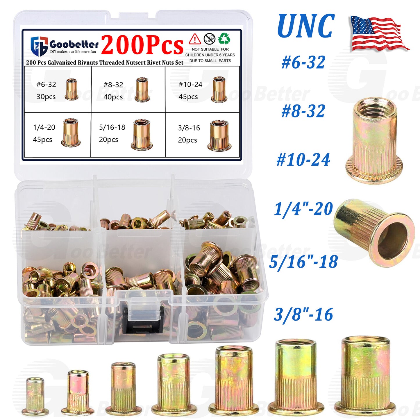200x Rivet Nut Kit Mixed Zinc Steel Rivnut Insert Nutsert Threaded Set #6 to 3/8