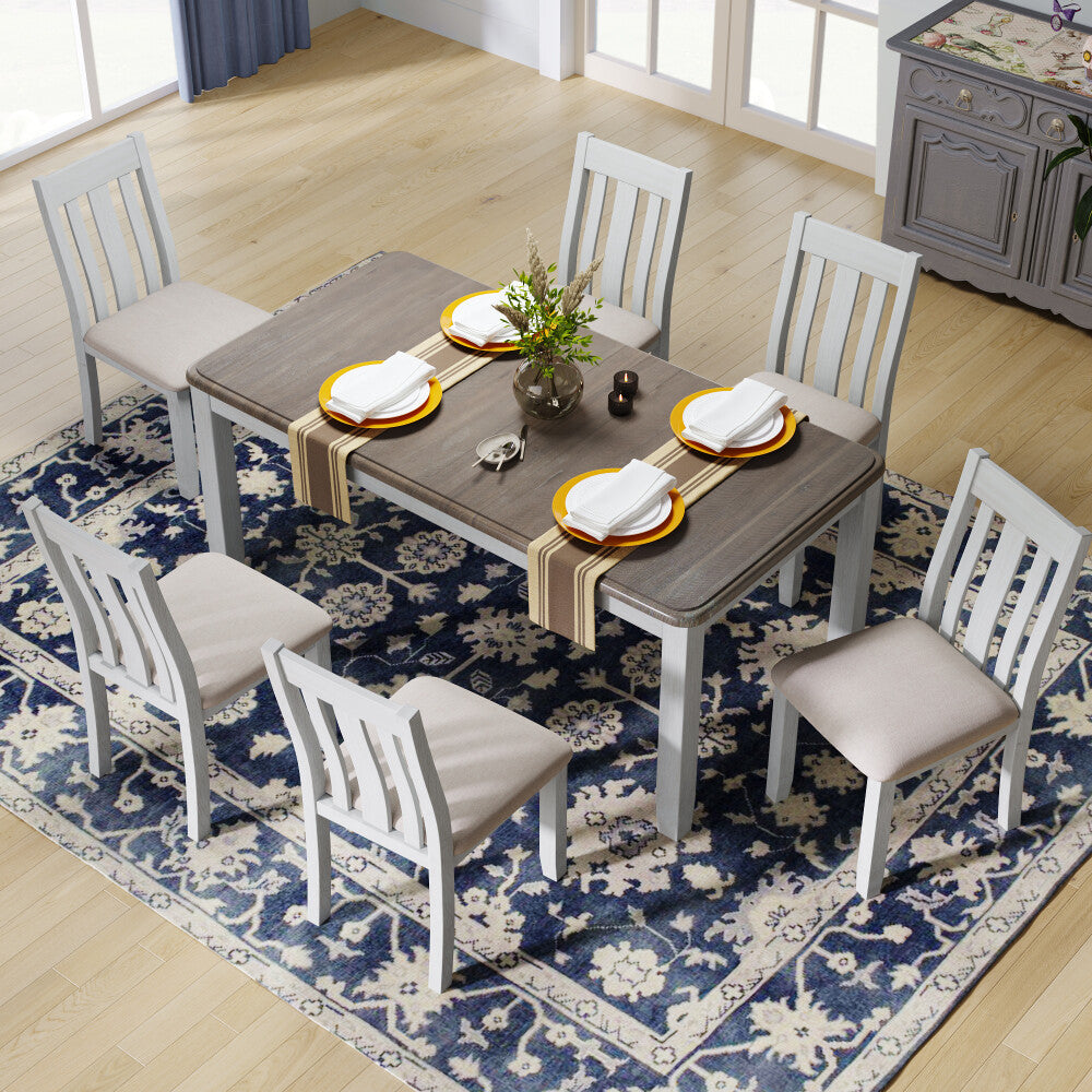 ya 28 7-Piece Dining Set Retro w/Extendable Table & 6 Upholstered Chairs - Brown+White