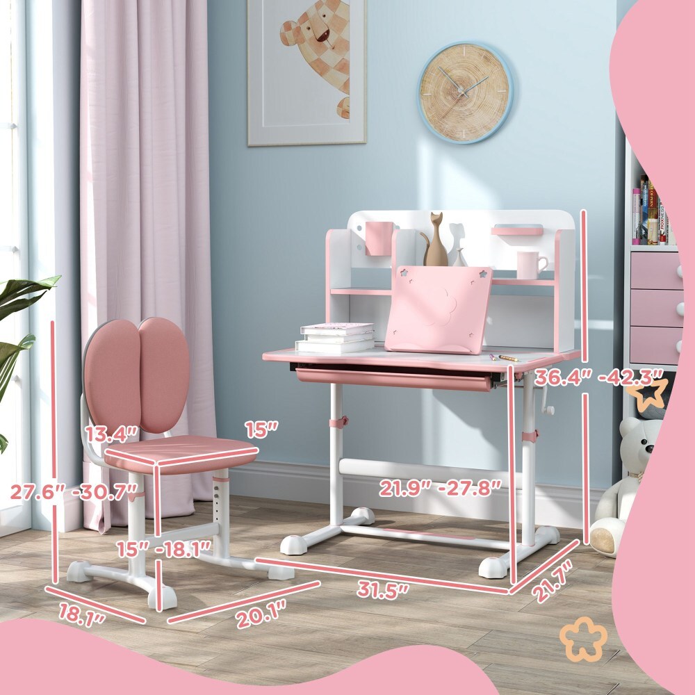 ya 28 Pink Kids Height Adjustable Desk & Chair Set, Tilt Desktop, Drawer, Reading Rack