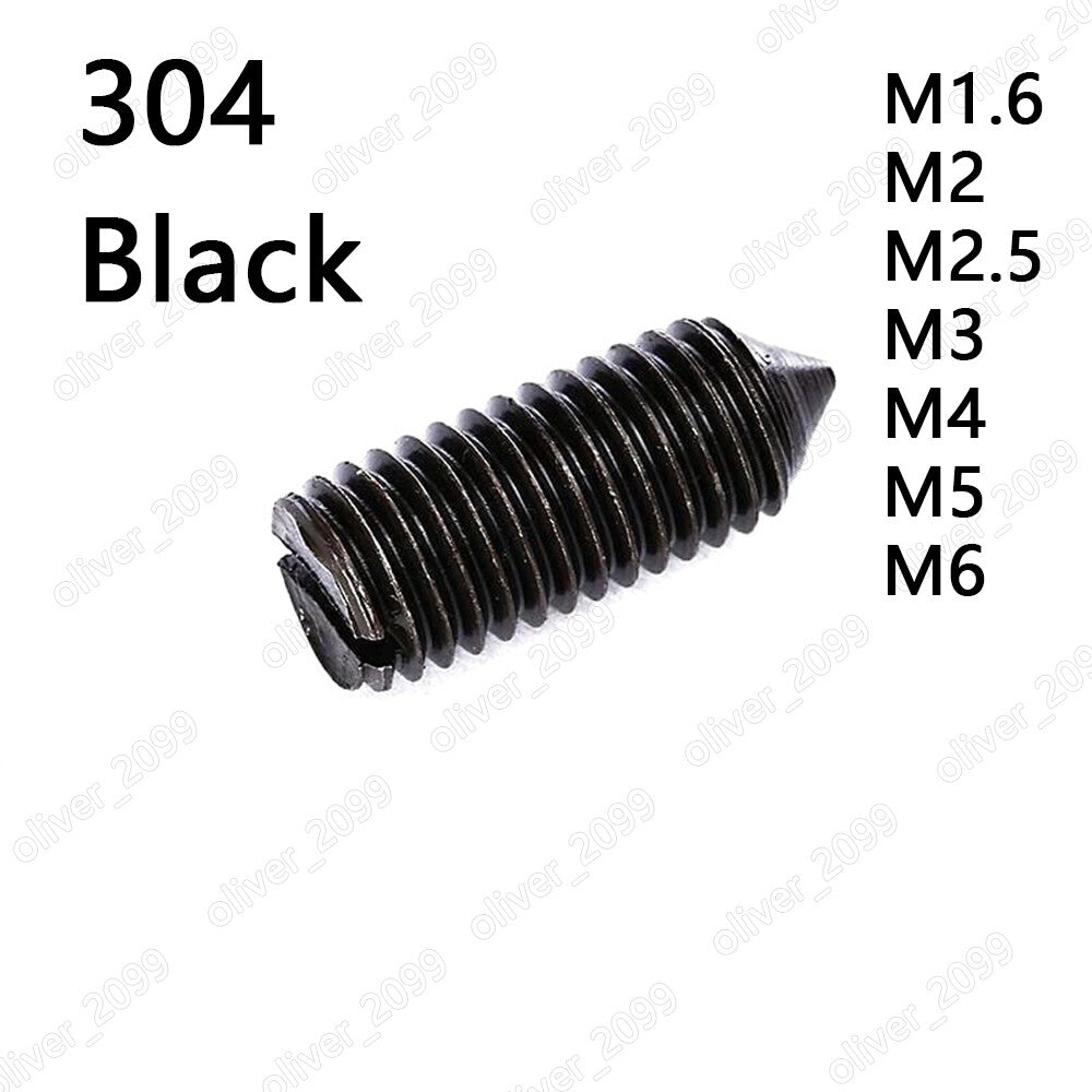 Black 304 Stainless Steel Slotted Set Screws With Cone Point M1.6 M2 M3 M4 M5 M6