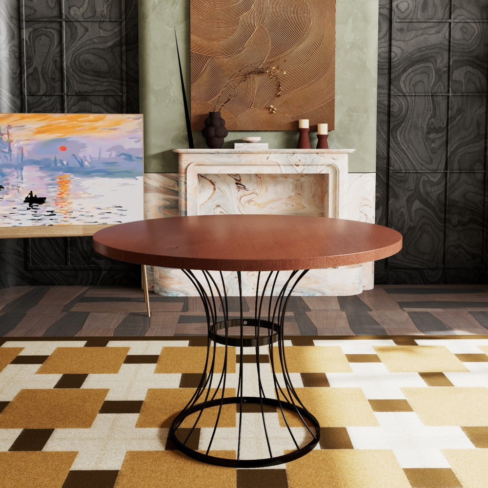 ya 28 42 Round Oak Veneer Dining Table - Solid Wood-Look Top, Wrought-Iron Base